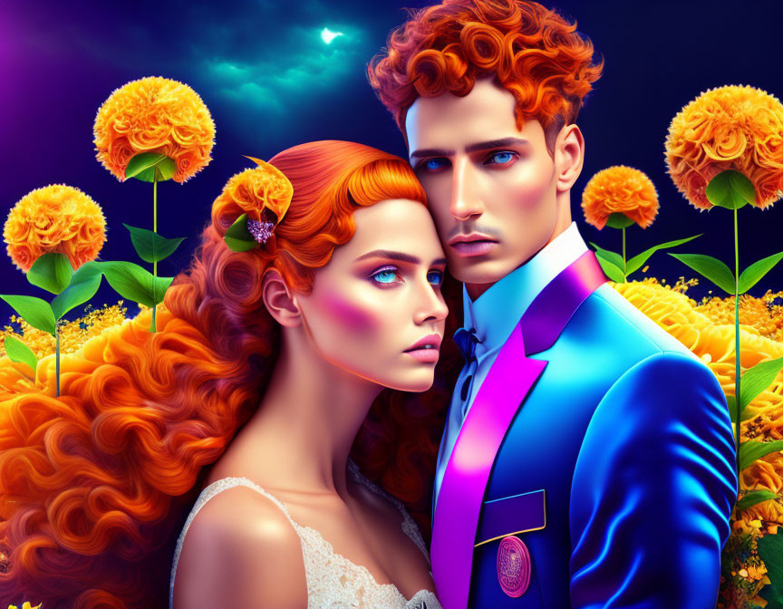 Colorful Man and Woman with Vibrant Hair and Attire in Surreal Floral Setting