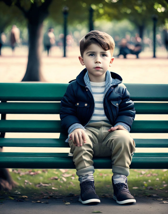 Young boy in blue jacket on park bench with trees.