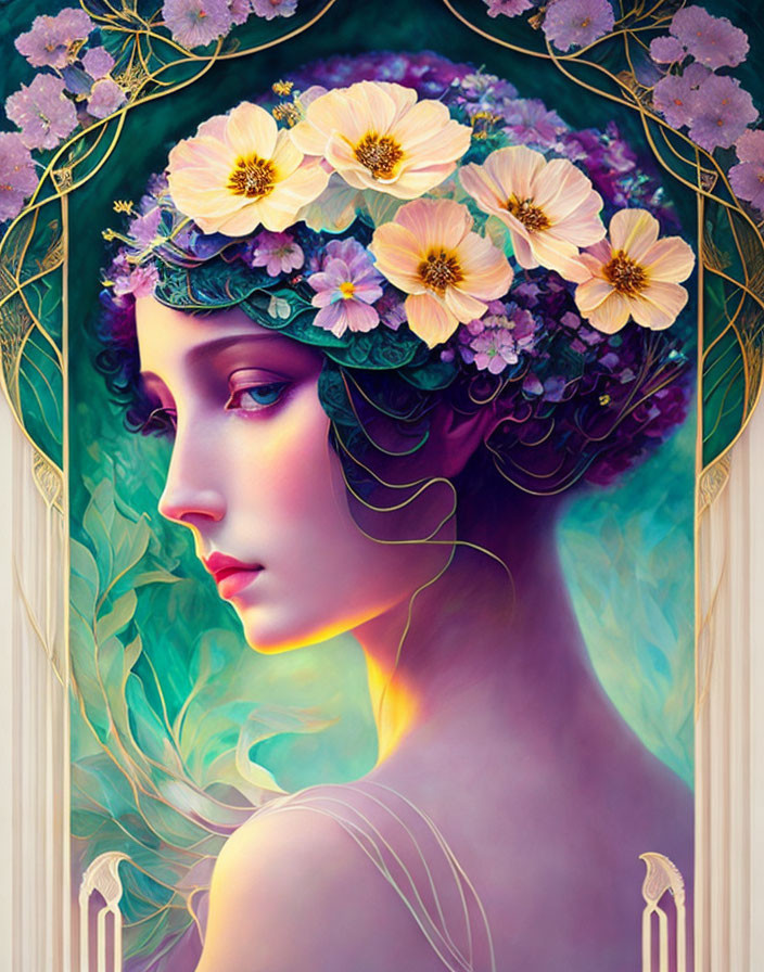 Art Nouveau Style Side Profile Woman with Floral Wreath & Vibrant Colors