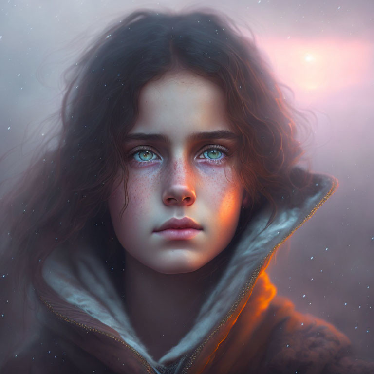 Digital artwork: Young girl with blue eyes, curly hair, hooded garment, in dreamlike snowy