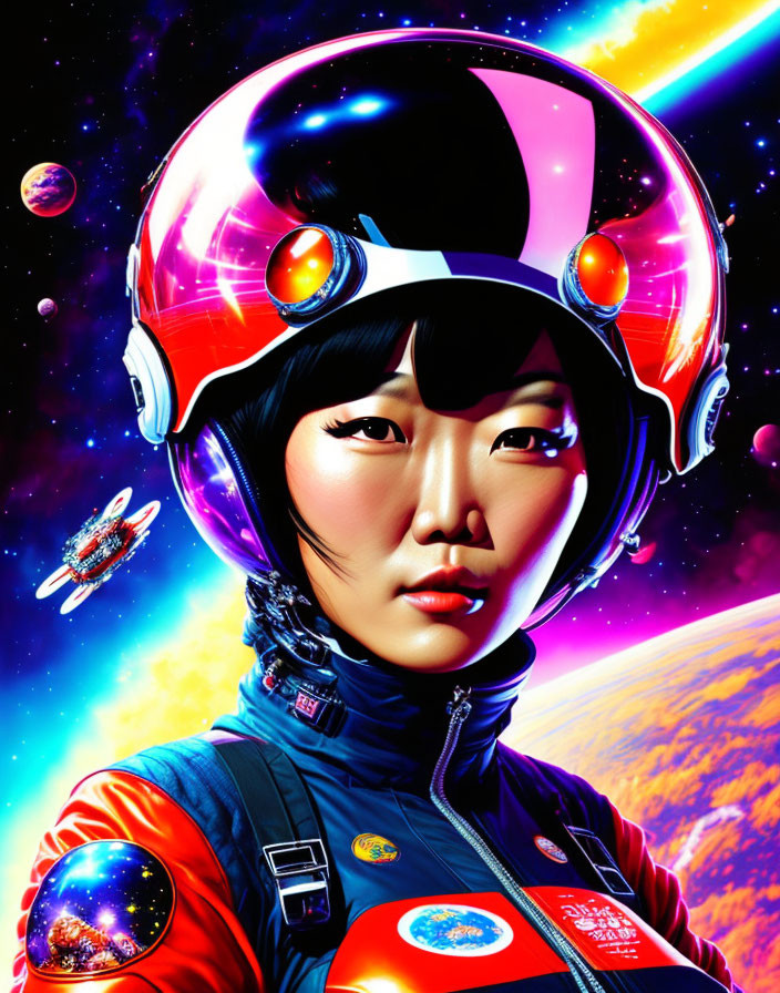 Vibrant space-themed digital artwork with woman astronaut