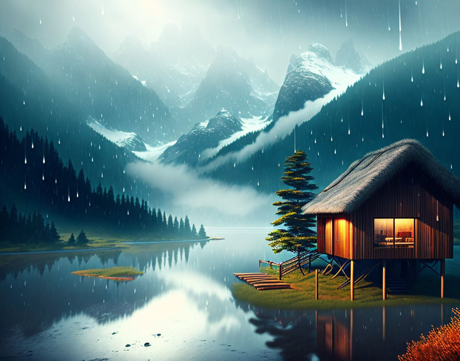 Tranquil night landscape with cabin, lake, pine trees, mountains, and starlit sky