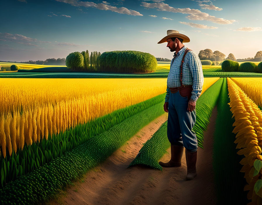 Farmer in wide-brimmed hat and plaid shirt beside vibrant crop rows