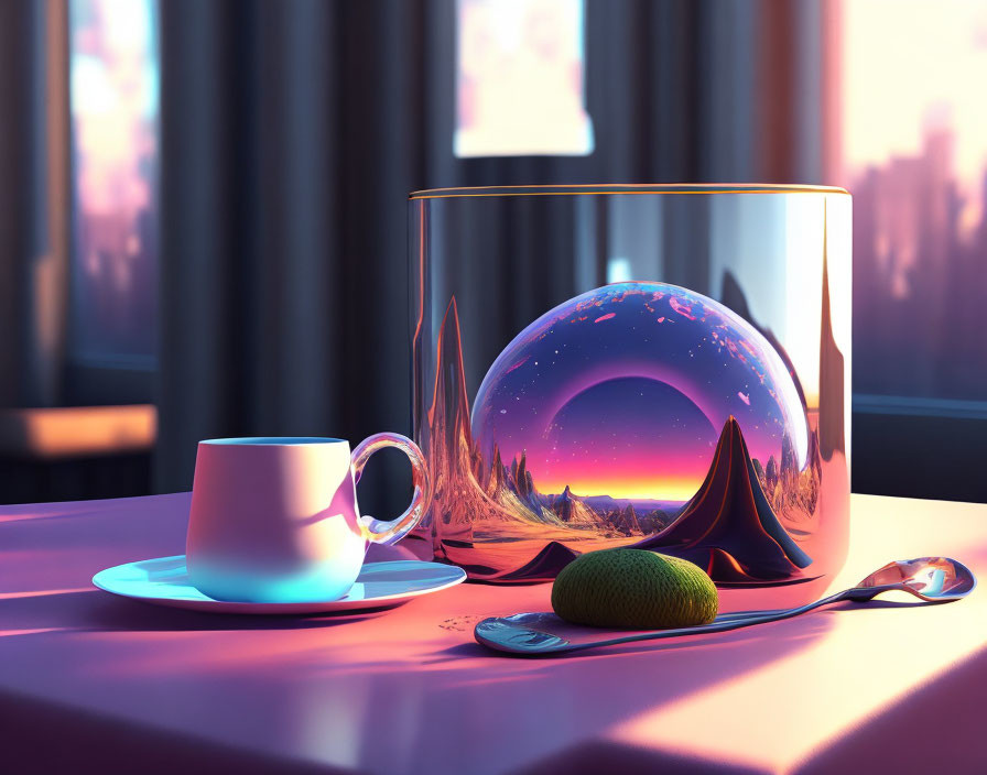 Surreal Still Life with Coffee Cup, Spoon, Kiwi, and Miniature Alien Landscape