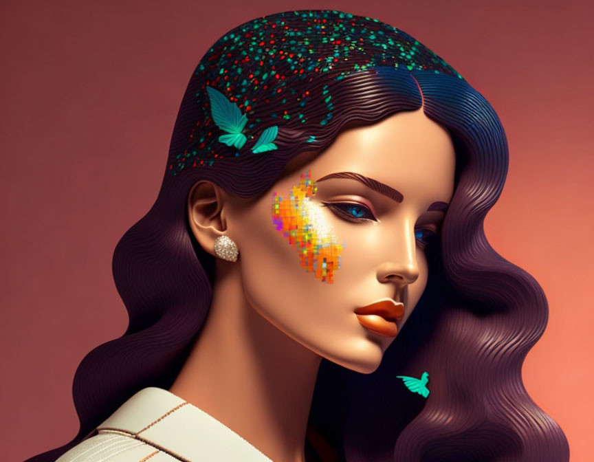 Woman with Dark Wavy Hair and Colorful Butterflies Illustration