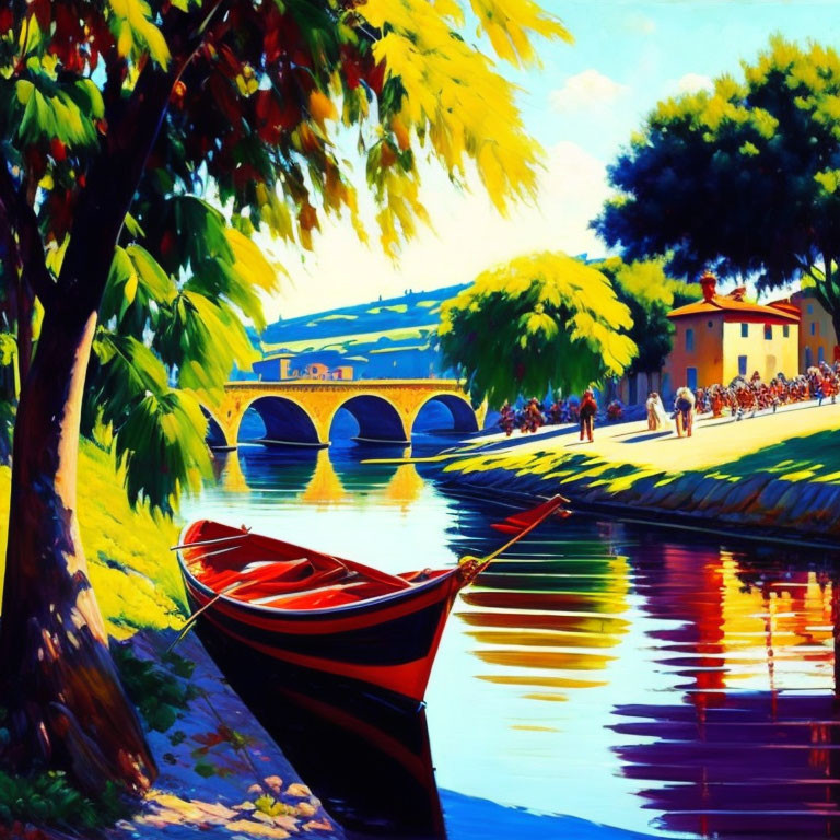 Serene river scene with red boat, trees, stone bridge, and people.