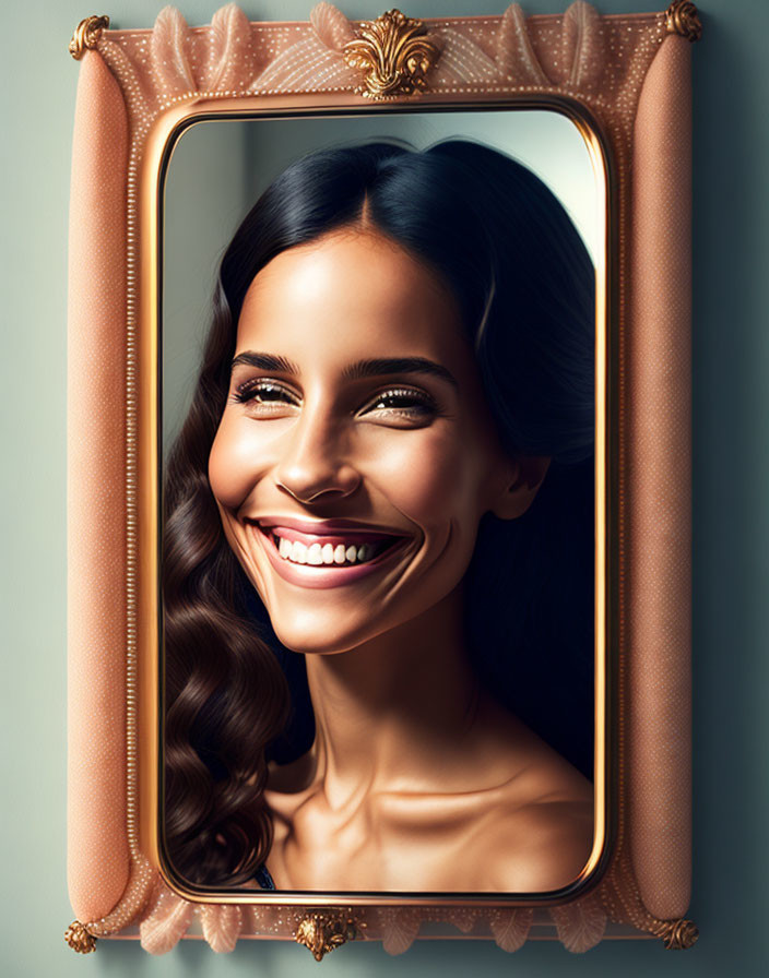 Smiling woman with wavy hair reflected in vintage mirror