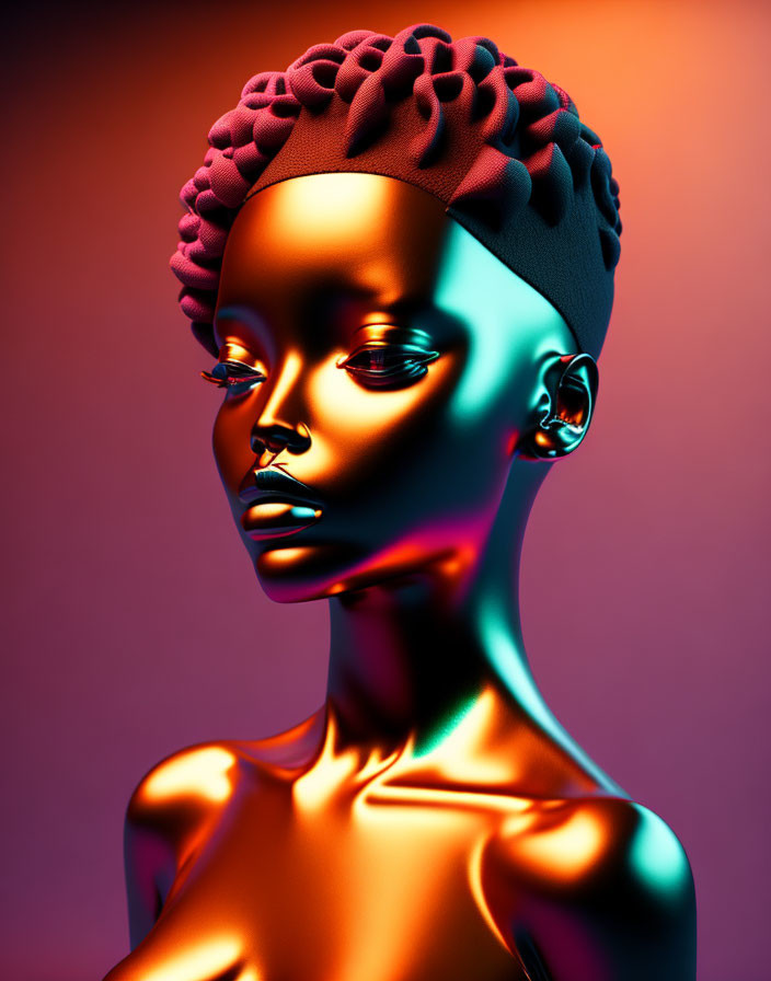 Colorful 3D render: Metallic female figure with braided hair