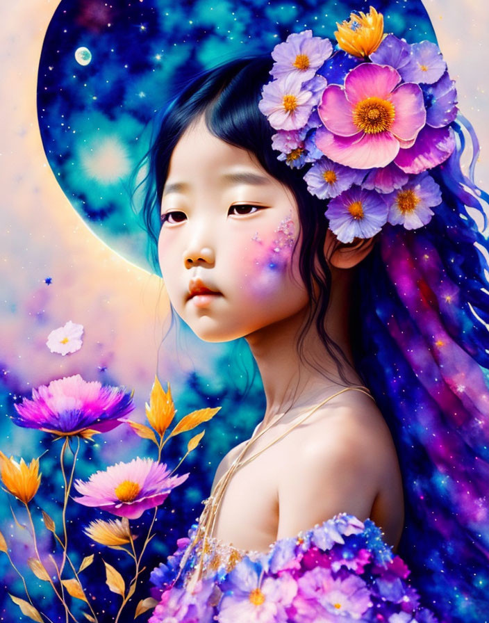 Cosmic-themed portrait of a young girl with purple floral hair adornments