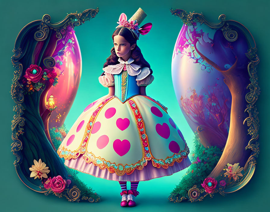 Whimsical Wonderland-inspired female character illustration with hearts, mirrors, and florals.