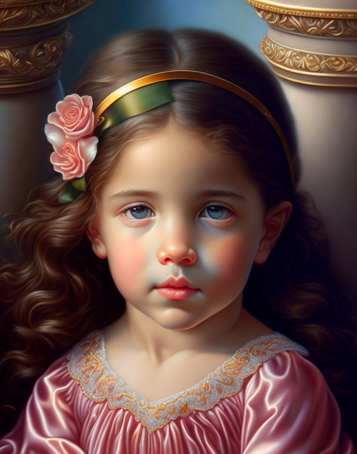 Portrait of young girl with blue eyes, curly hair, gold headband, and pink dress.