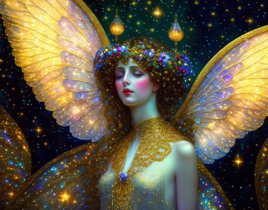 Golden-winged ethereal figure adorned with ornate jewelry in a starry setting