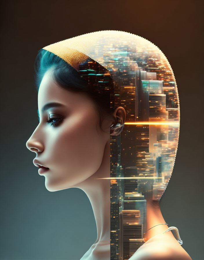 Surreal portrait blending woman's face with cityscape symbolizing human-urban fusion