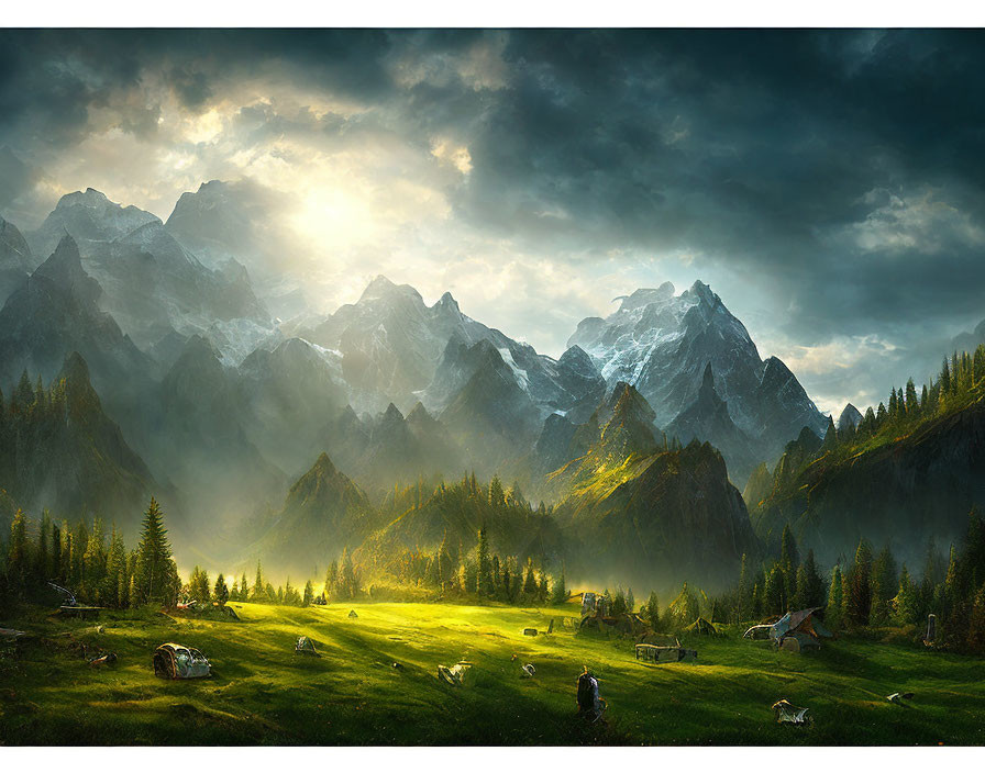 Snowy mountains, glowing sunset, pine forests, meadow, cottages, and livestock in serene