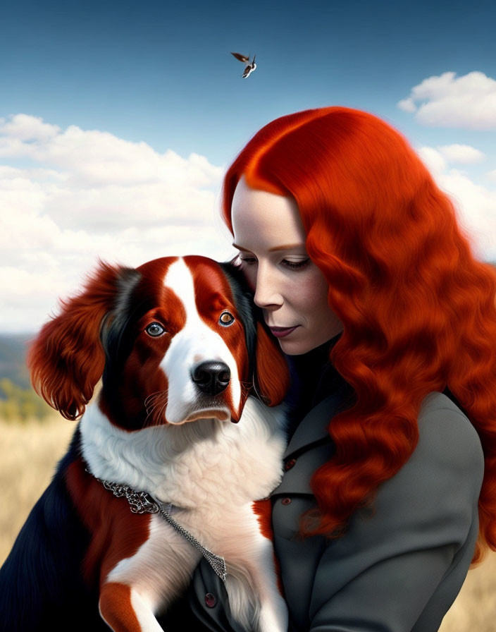 Woman with long red hair embracing brown and white dog in open field