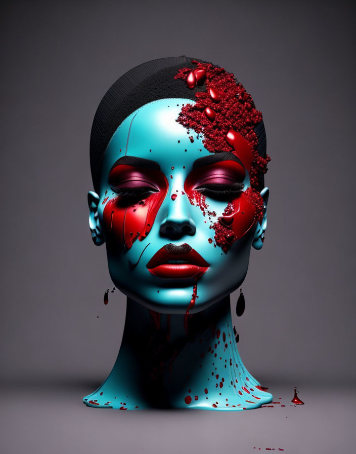 Female figure with turquoise skin disintegrating into red particles on grey background