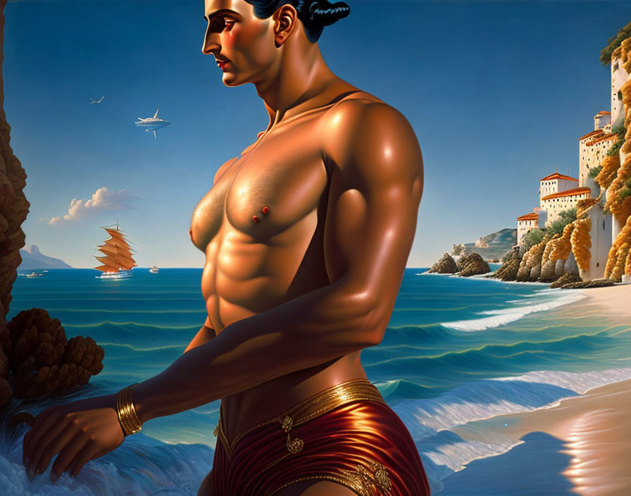 Muscular man in red loin cloth gazes at sea with ships and plane, set against ancient and