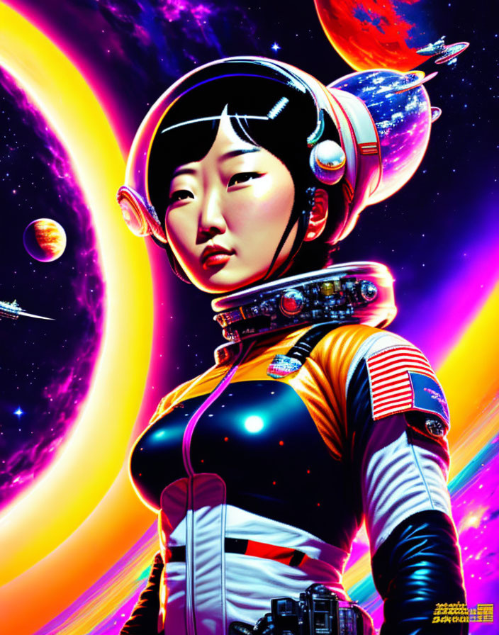 Female astronaut illustration in reflective helmet amid cosmic backdrop