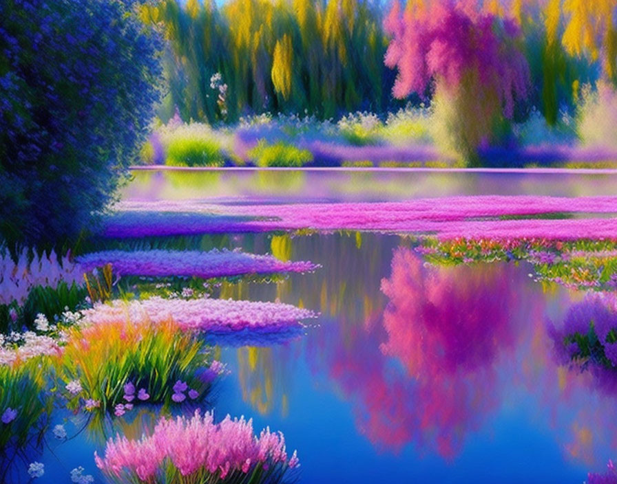 Colorful Blossoming Trees Reflecting in Tranquil Pond