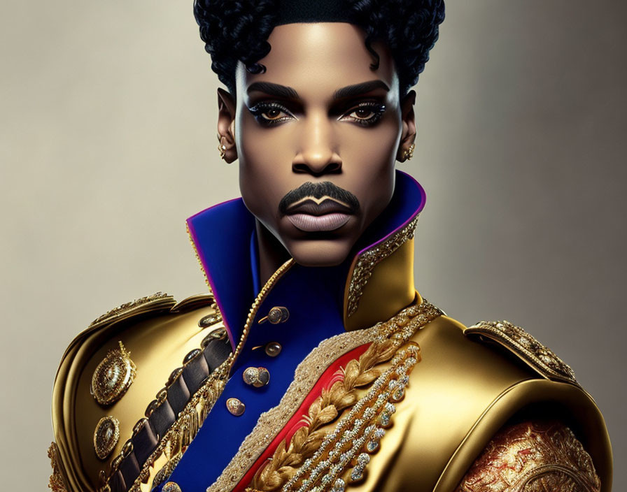 Person with stylized makeup & sculpted hairstyle in ornate golden military-style jacket.