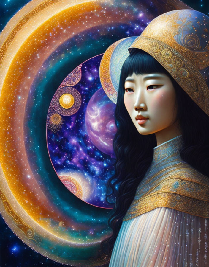 Stylized portrait of Asian woman with ornate hat against cosmic backdrop