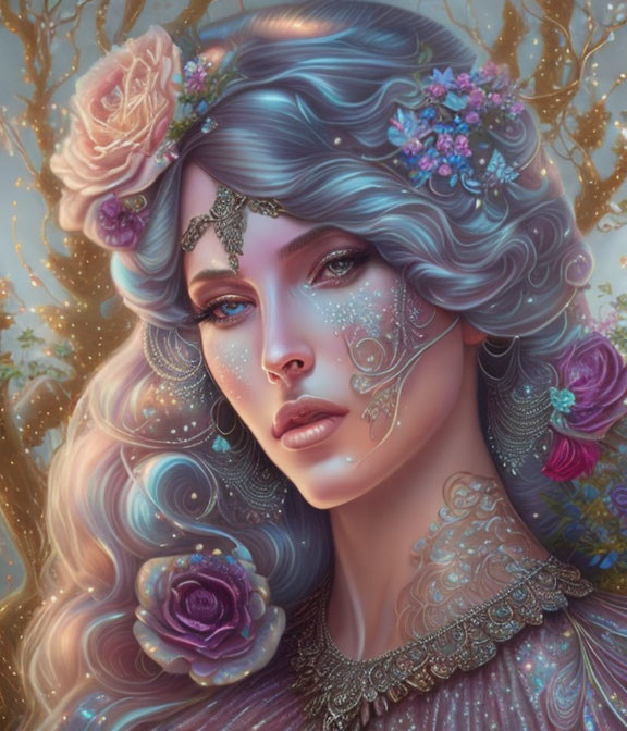 Whimsical woman with blue wavy hair and floral adornments.