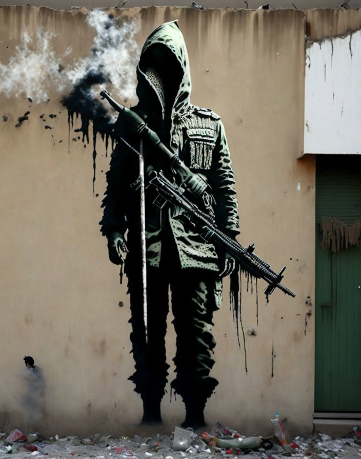 Urban wall mural: Hooded figure in military attire with rifle.