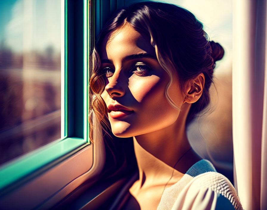 Young woman in contemplation by train window with sunlight and shadows.