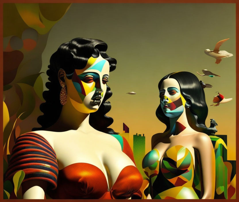 Abstract colorful facial makeup on stylized women in surreal setting