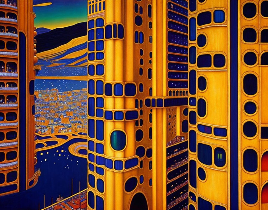 Surrealist painting of towering yellow buildings against a blue cityscape