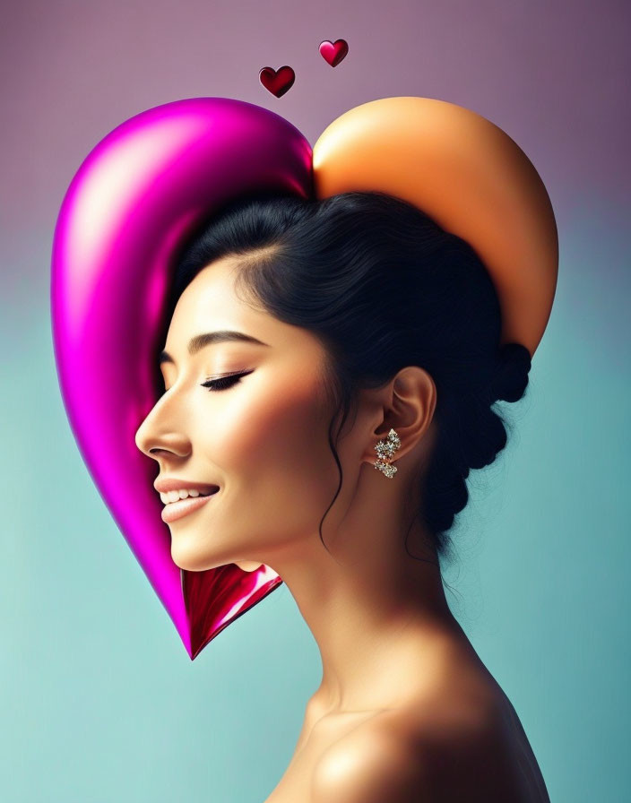 Woman with Heart-Shaped Pink and Purple Hairstyle and Floating Hearts