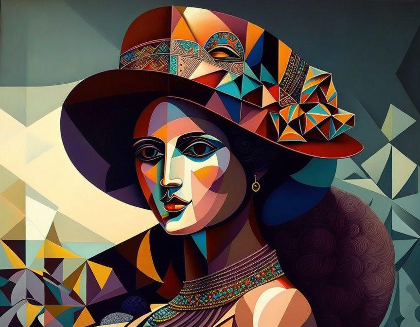 Colorful geometric portrait of stylized woman with hat in art deco and cubist style