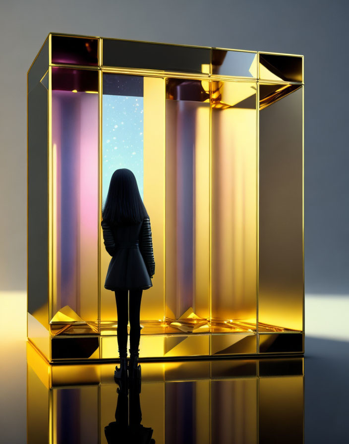 Person standing before golden reflective structure with cosmos-filled portal