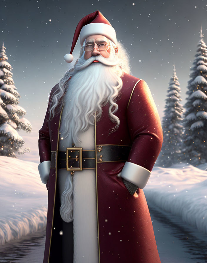 Santa Claus in Red Suit and Snowy Landscape with Pine Trees