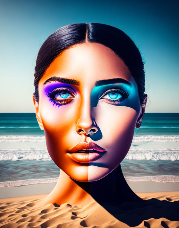 Symmetrical split-face digital artwork with vibrant blue and purple makeup on a beach.