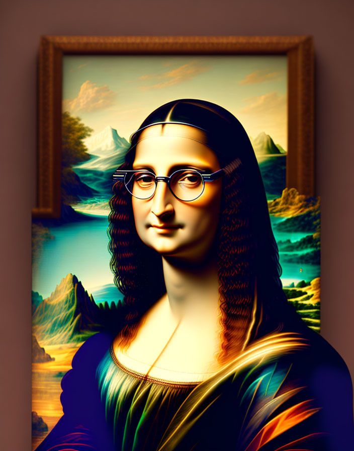 Stylized Mona Lisa with Blue Glasses in Traditional Landscape Setting