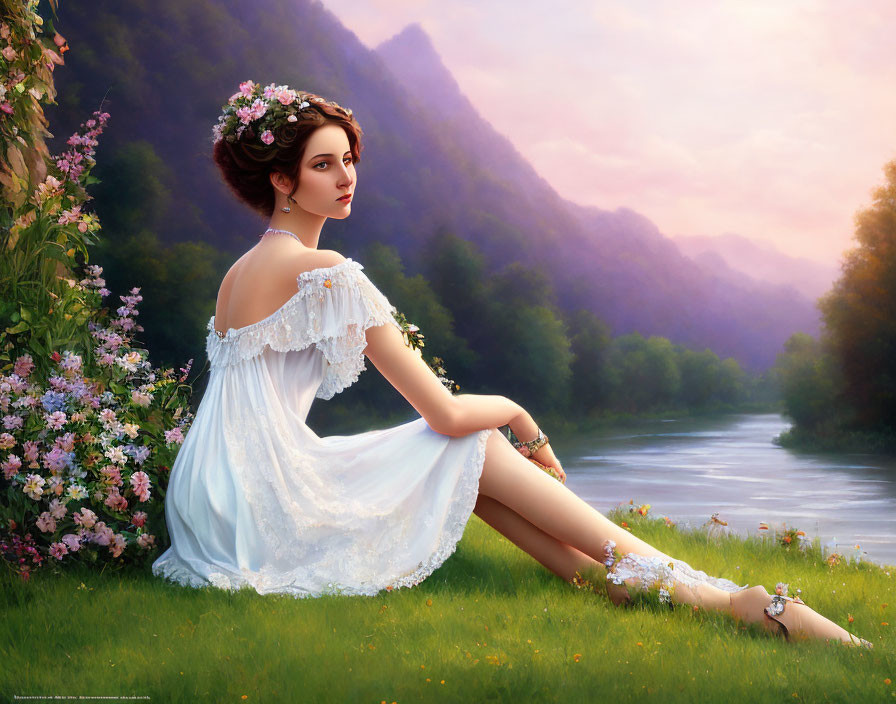 Woman in White Dress by Serene River at Twilight