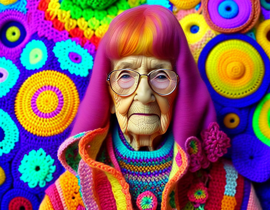 Elderly Woman with Violet Hair and Glasses in Colorful Knitwear