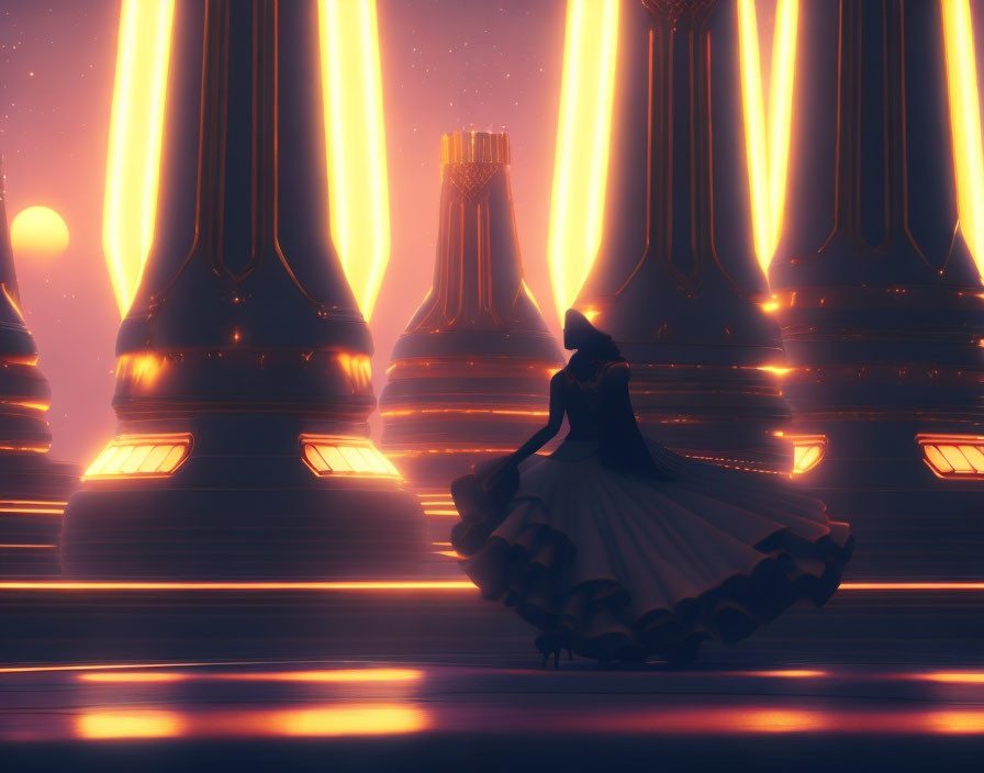 Silhouette of person dancing among illuminated pillars at sunset