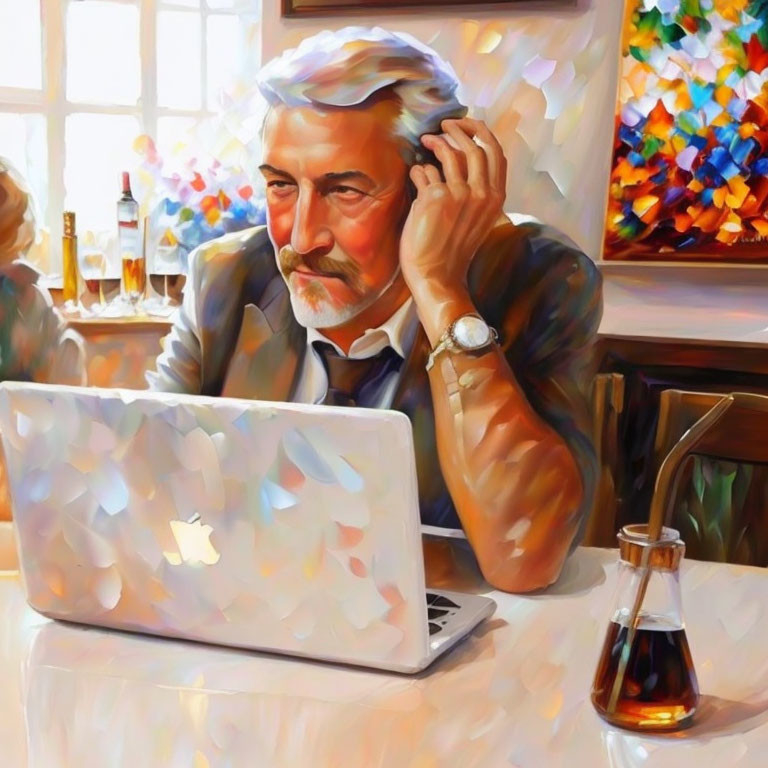 White-haired man in bright cafe with laptop and colorful decor