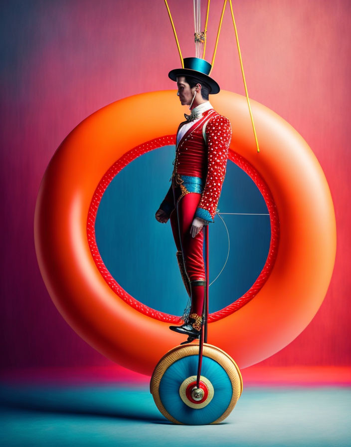 Circus performer in red and gold outfit on unicycle with floating orange torus, pink and