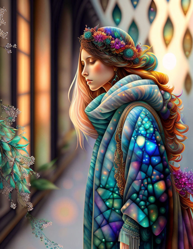 Digital illustration: Woman with floral crown and colorful shawl by stained glass windows