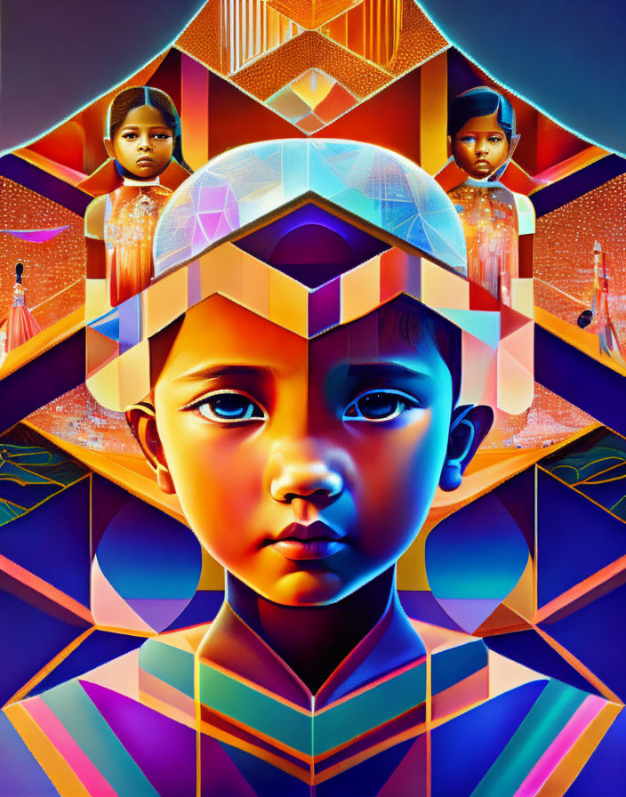 Colorful digital artwork of child's face with geometric patterns and smaller figures.