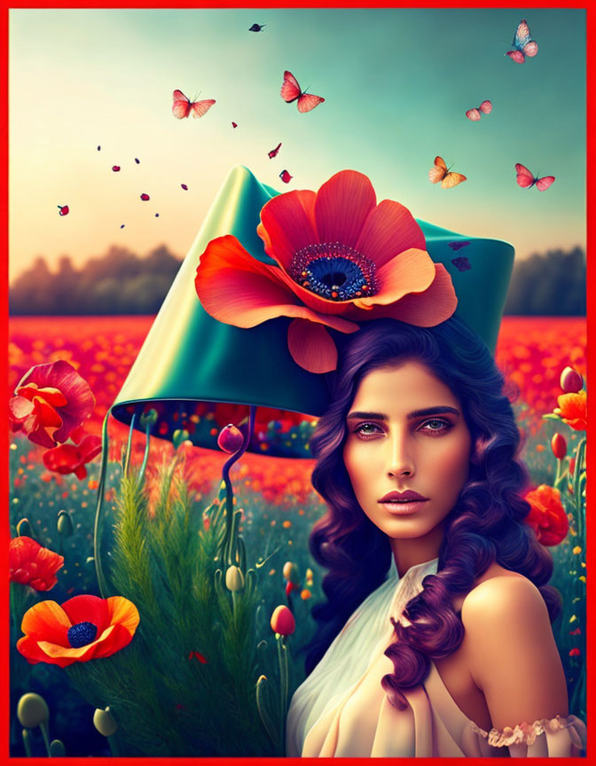 Woman with vivid makeup surrounded by poppies and butterflies with surreal floating book