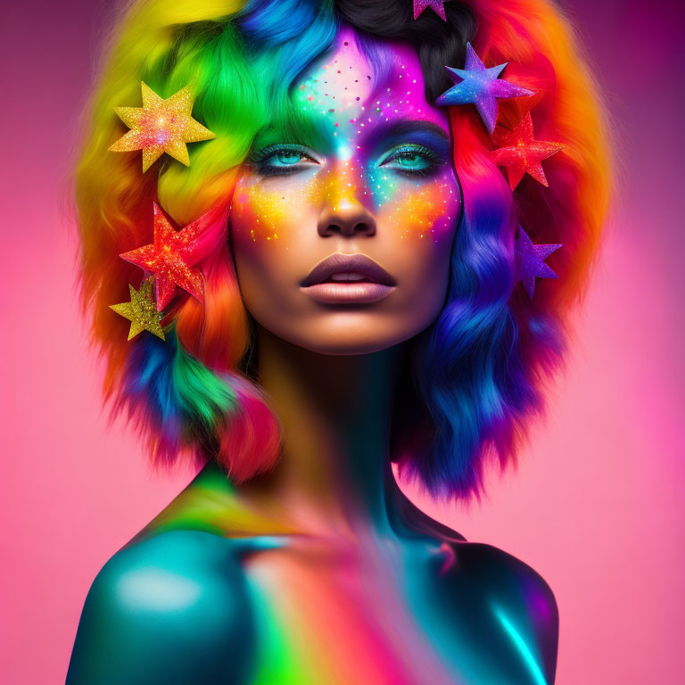 Multicolored hair and skin with star accessories on neon makeup in pink background