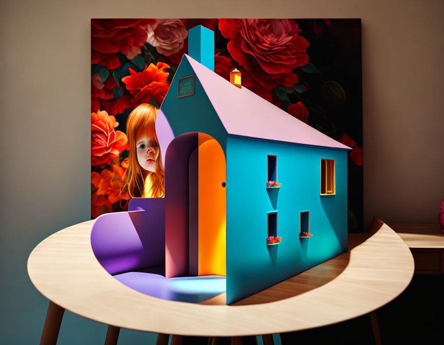 Vibrant paper art installation with house and child on table with floral backdrop