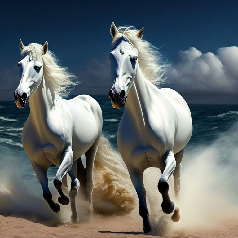 White horses galloping on sandy beach with crashing waves & blue sky