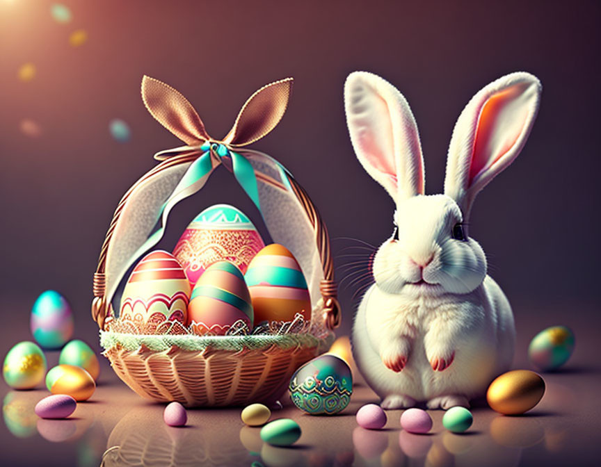 White bunny with Easter basket and decorated eggs on reflective surface