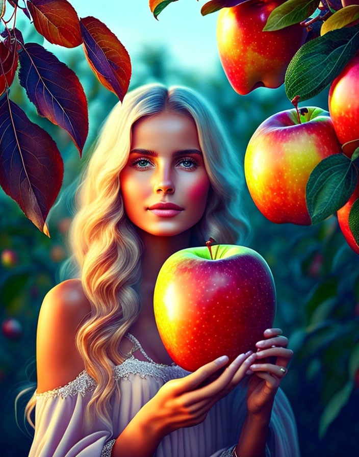 Blond woman with red apple in apple orchard portrait