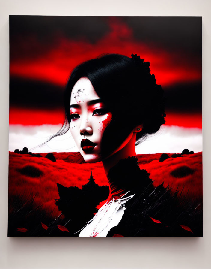 Stylized portrait of woman with pale skin and dark hair in red and black landscape